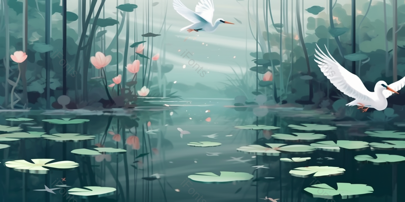 清新夏天池塘里绽放的荷花插画背景,插画/手绘图,插画/手绘图库,插画/手绘图下载,插画/手绘